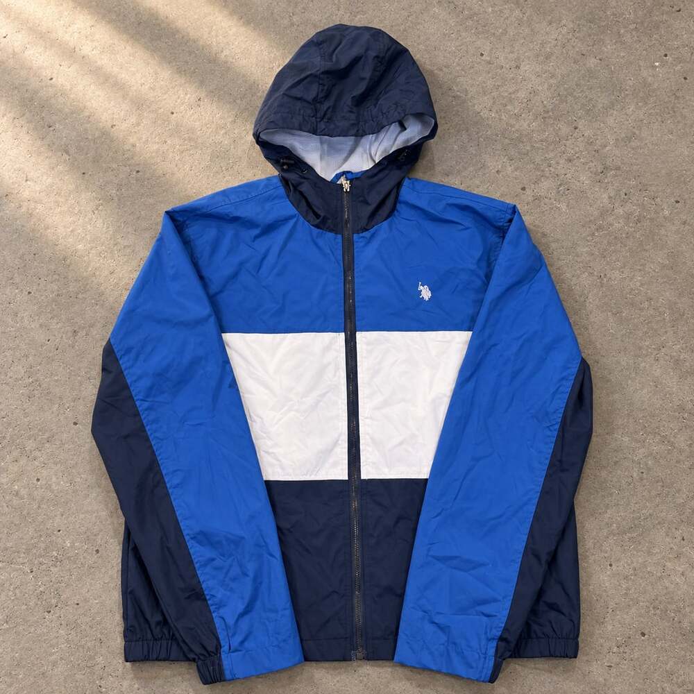U.S. Polo Assn. Colorblock Windbreaker Size L Blue White Navy Hooded